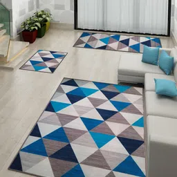 Athom Trendz Set of 3 Blue & Grey Printed Anti-Skid Doormat With Runner & Carpet-picture-12