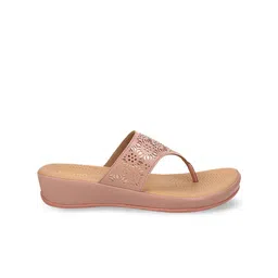 Metro Women Pink Embellished T-Strap Flats with Laser Cuts image 4