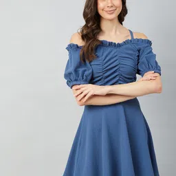 Athena Women Blue Off-Shoulder Ruched Dress-image-35