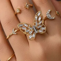 Jewels Galaxy Set Of 5 Gold-Plated Crystals Studded Stackable Finger Rings image 2