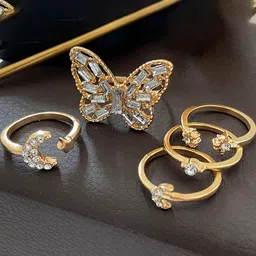 Jewels Galaxy Set Of 5 Gold-Plated Crystals Studded Stackable Finger Rings image 3