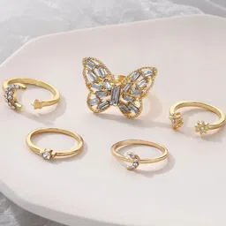 Jewels Galaxy Set Of 5 Gold-Plated Crystals Studded Stackable Finger Rings image 4