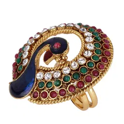 Shining Diva Gold-Plated Navy Blue & Green Stone-Studded Meenakari Adjustable Finger Ring-picture-10
