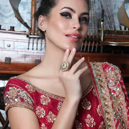 ODETTE Gold-Toned Green Kundan-Studded Adjustable Finger Ring image 1