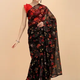 Sangria Black Floral Printed Designer Saree-image-98