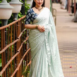 Mitera Turquoise Blue Ethnic Motifs Woven Design Gotta Patti Saree-picture-33