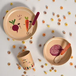 MiArcus Brown & Red 5 Pieces of Printed Dishwasher Safe Bamboo Matte Dinner Set-image-62