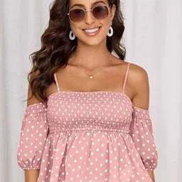 Stylecast X Slyck Polka Dot Printed Off-Shoulder Cold-Shoulder Gathered Regular Crop Top-image-65