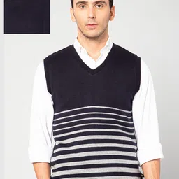 Cantabil Men Navy Blue & White Reversible Striped Acrylic Sweater Vest-picture-27