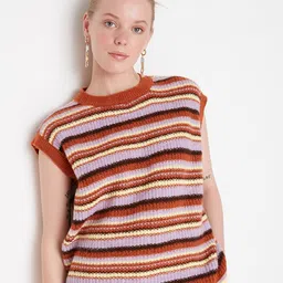 Trendyol Women Brown & Purple Striped Sweater Vest-picture-22