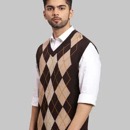 ColorPlus Men Brown & Cream-Coloured Printed Sweater Vest image 5