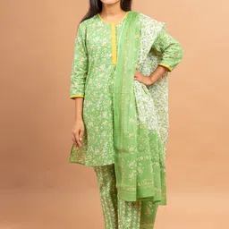 Sangria Girls Green & White Floral Printed Pure Cotton Kurta With Trousers & Dupatta-picture-25