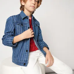 Jack & Jones Junior Boys Striped Crop Denim Jacket with Embroidered image 5