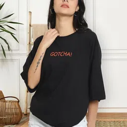 metronaut Printed Women Round Neck Cotton Blend Black T-Shirt image 1