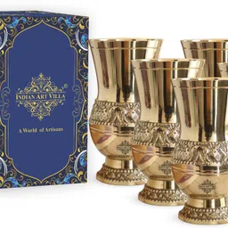 indianartvilla (Pack of 4) Brass Glass / Tumbler With Embossed Mughlai Goblet Glass Set Water/Juice Glass-picture-18