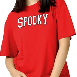 tqh Women Typography Round Neck Cotton Blend Red T-Shirt image 1