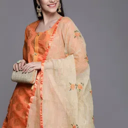 KALINI Orange & Cream-Coloured Unstitched Dress Material image 3