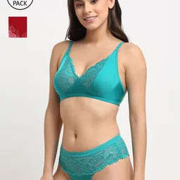 Friskers Women Pack of 2 Non Padded Laced Bikini Lingerie Set-image-72