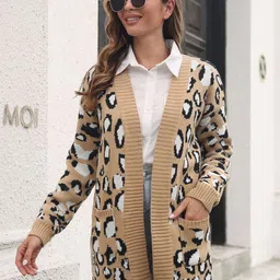 StyleCast Women Beige Animal Printed Longline Sweater-image-73