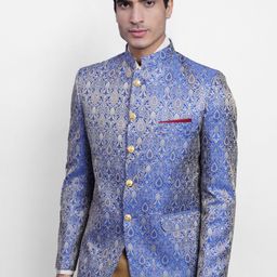 Wintage Men Blue & Grey Printed Regular-Fit Bandhgala Blazer-picture-15
