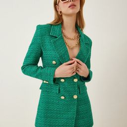 Happiness istanbul Self Design Notched Lapel Ventless Double Breasted Blazers-picture-44