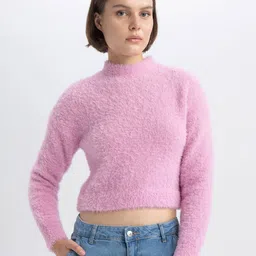 DeFacto High Neck Fuzzy Detail Crop Pullover-picture-37