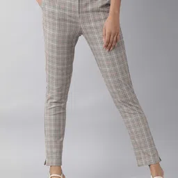 RAREISM Women Beige Checked Slim Fit Trousers-picture-30
