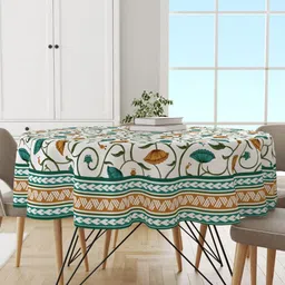 Astitva Green & White Lotus Printed Pure Cotton Round Shaped 4 Seater Table Cover image 1