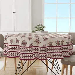 Astitva Maroon & Cream Coloured Floral Printed 4 Seater Round Shape Cotton Table Cover image 1