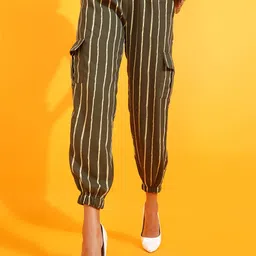 RARE Women Green Striped Loose Fit High-Rise Joggers Trousers-picture-34