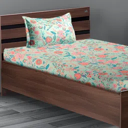 Stylista Green Floral Cotton 400 TC Fitted Single Bedsheet with 1 Pillow Covers-image-2