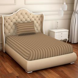 SPACES Skyrise Brown Striped Pure Cotton 210 TC Single Bedsheet with 1 Pillow Covers-picture-40