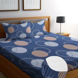 AMRANGE Blue & Grey Geometric 250 TC King Bedsheet with 2 Pillow Covers image 1