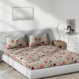 DDecor Grey & Pink Floral Cotton 144 TC Queen Bedsheet With 2 Pillow Covers-picture-7