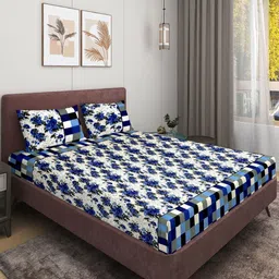 Aura Blue & White Floral Printed Microfiber 144 TC Queen Bedsheet Set 2.24 m x 2.24 m-picture-29
