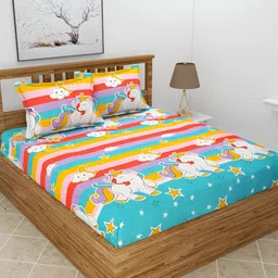 BREVARD Blue & Yellow Conversational 210 TC Queen Bedsheet with 2 Pillow Covers-picture-14