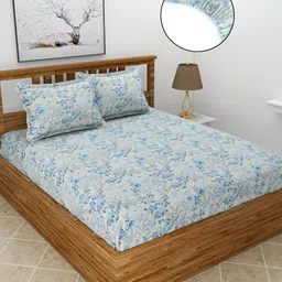 BREVARD Blue & White Floral Polycotton Fitted 210 TC Queen Bedsheet with 2 Pillow Covers-image-97