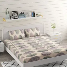 Bromwick Beige & Green Floral Cotton 210 TC Fitted Queen Bedsheet with 2 Pillow Covers-image-8