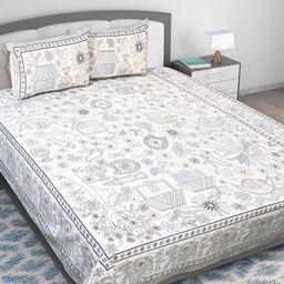 Texstylers Grey & White Floral Printed Cotton 210 TC Queen Bedsheet With 2 Pillow Covers-picture-9