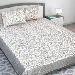 Texstylers Grey & White Floral Printed Cotton 210 TC Queen Bedsheet With 2 Pillow Covers-picture-19