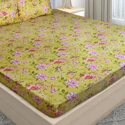 Stylista Yellow Floral Cotton 400 TC Fitted Queen Bedsheet with 2 Pillow Covers-image-64