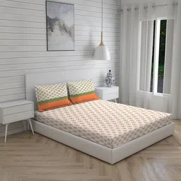 Layers White & Orange Geometric Cotton Queen Bedsheet With 2 Pillow Covers-image-28