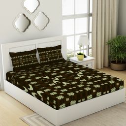 SPACES Olive Printed Pure Cotton 144 TC Double King Bedsheet With 2 Pillow Covers-picture-40