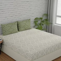 Huesland Comfort White & Green Printed 144 TC Cotton King Bedsheet & 2 Pillow Covers-image-79