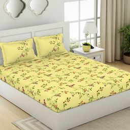 SPACES Yellow & Red Floral Cotton Fitted 144 TC King Bedsheet With 2 Pillow Covers-picture-46