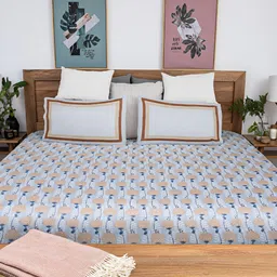 Baarno Blue & Beige Floral 220 TC Cotton King Bedsheet with 2 Pillow Covers-image-16