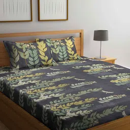 Arrabi Grey & Green Floral 300 TC Super King Bedsheet with 2 Pillow Covers-picture-13