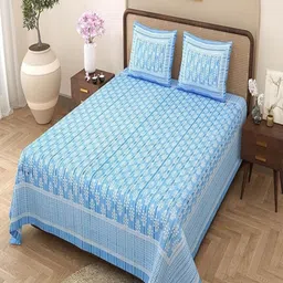 Qfab Blue Ethnic Motifs 220 TC King Bedsheet with 2 Pillow Covers-picture-21