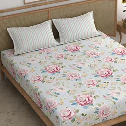 Srijee Decors Blue & Green Floral Printed 210 TC King Bedsheet With 2 Pillow Covers-image-43