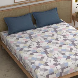 Srijee Decors White & Blue Printed 210 TC King Bedsheet With 2 Pillow Covers-image-34